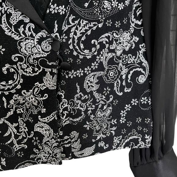 Alex Evenings Black Paisley Print Satin Shawl Collar Chiffon Long Sleeve Jacket - Picture 6 of 10